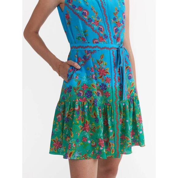 NEW Saloni Tilly Sleeveless Silk Tie Front Mini Dress Summer Wreath 6 Boho Chic - Picture 5 of 8